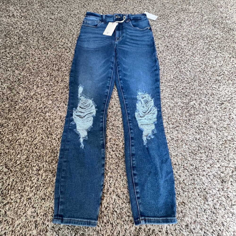 Good‎ American Blue High Rise Straight Leg Jeans Ripped Distressed Size 00 24